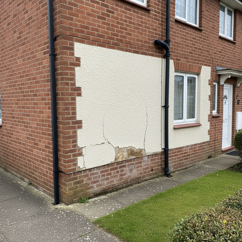 Cracked and damaged external render on a house wall