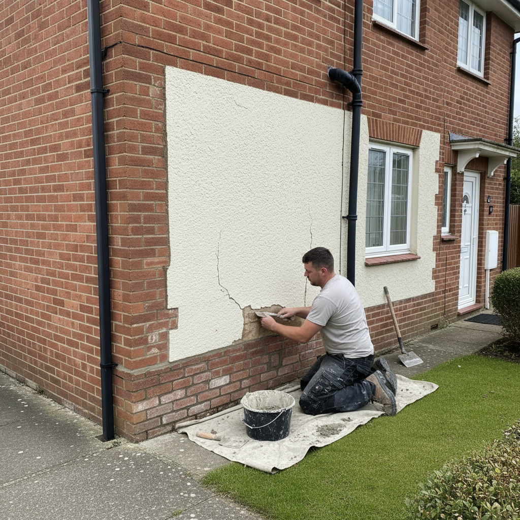 A bricklayer re-pointing a brick wall