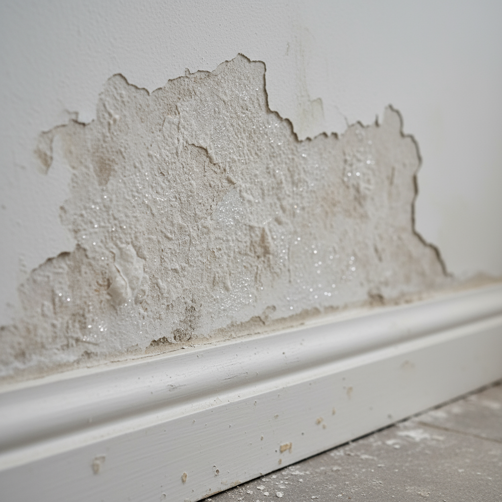 Crumbling and blistering plaster on a damp wall