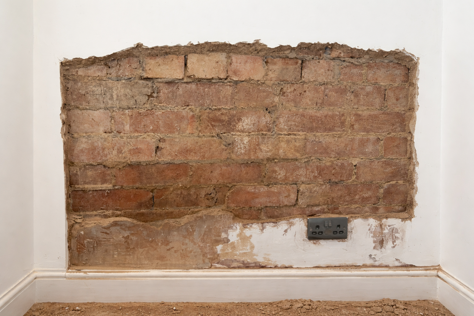 Technician removing damaged plaster back to sound masonry