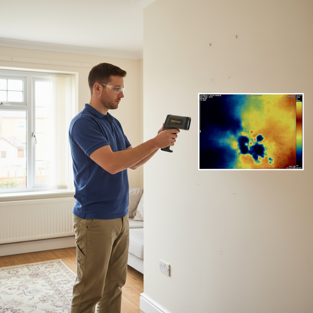A thermal imaging camera showing a blue cold spot indicating a water leak in a wall