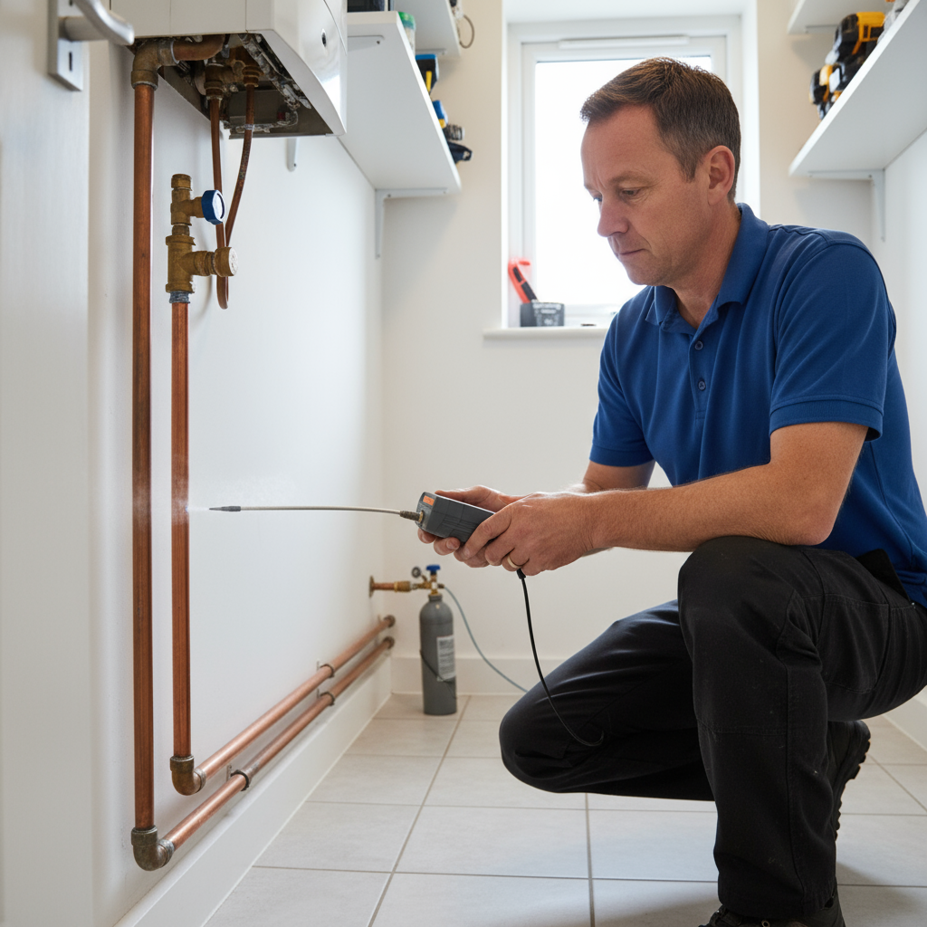 A tracer gas sensor being used on a kitchen floor