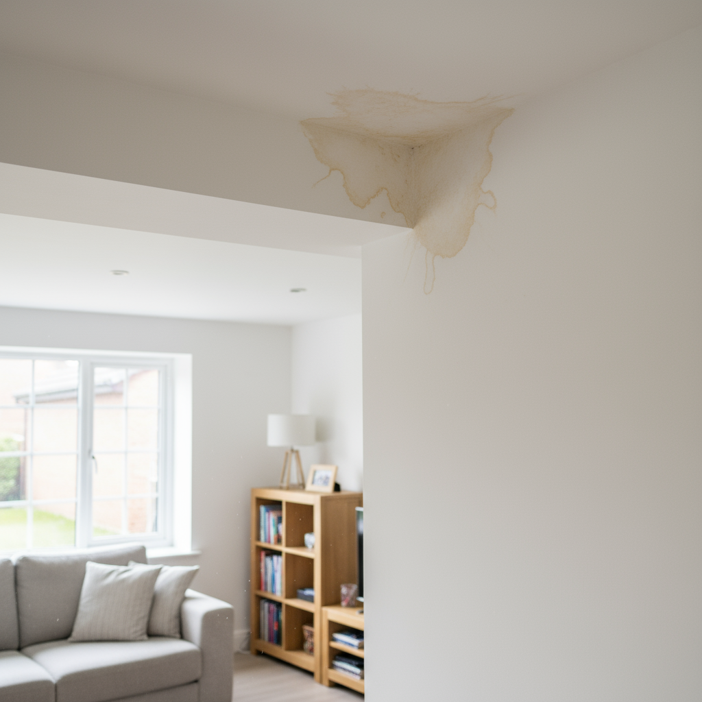 A water-damaged ceiling with peeling paint